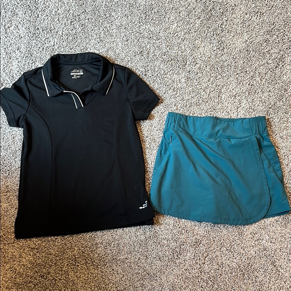 Black Athletic Polo Shirt and Teal Skort Set